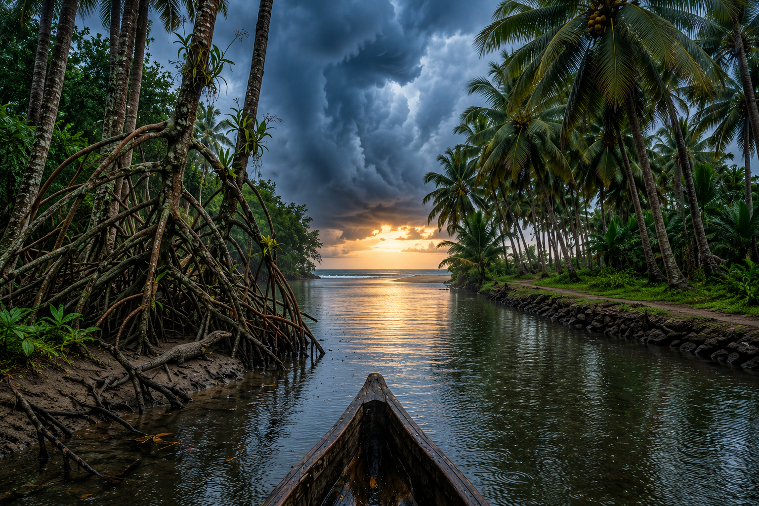 Wooden canoe navigating Kerala mangrove backwaters beneath dramatic monsoon clouds during sunset.