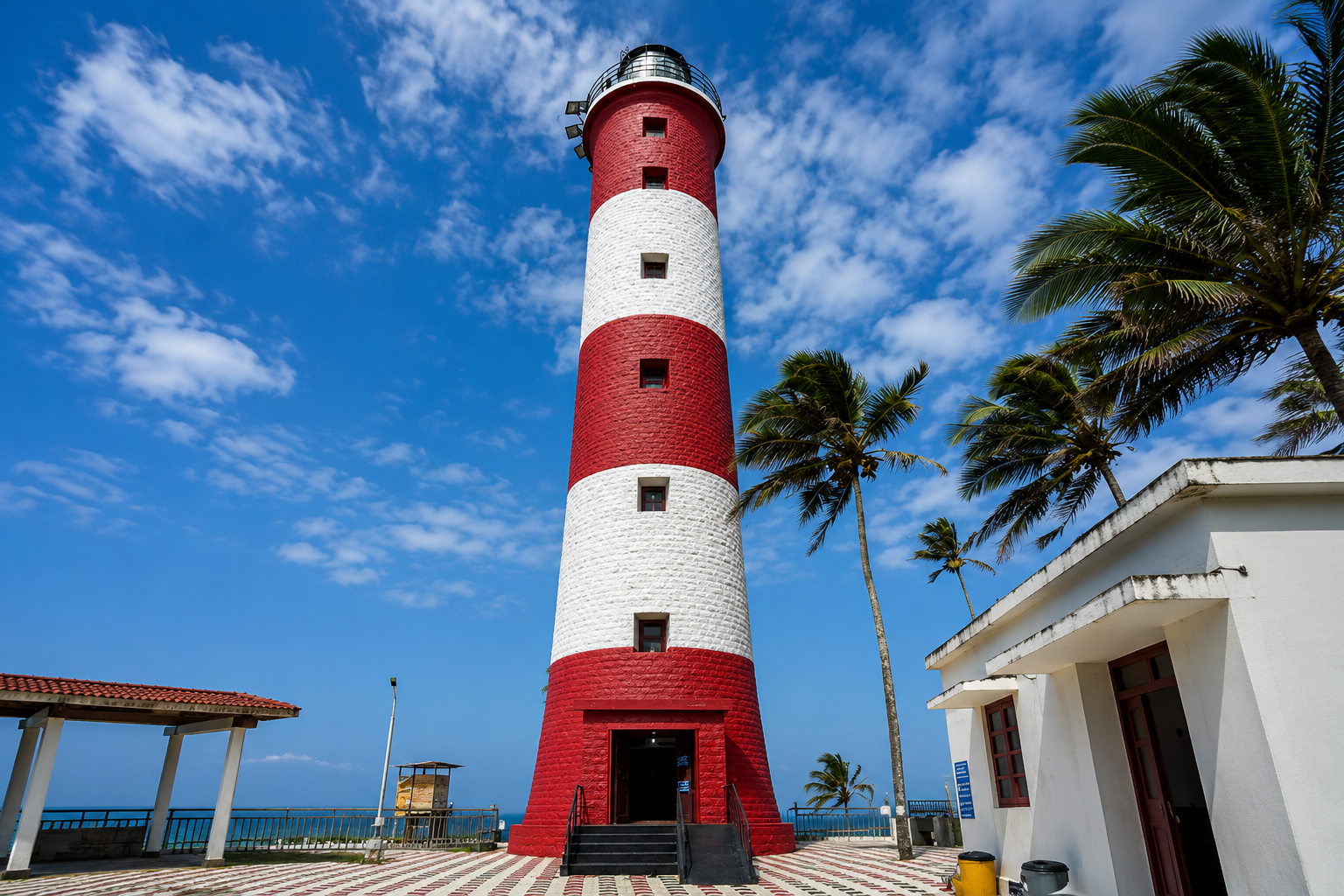 Red and white Vizhinjam Lighthouse in Kovalam, Kerala, standing beside coconut palms under a bright blue sky.