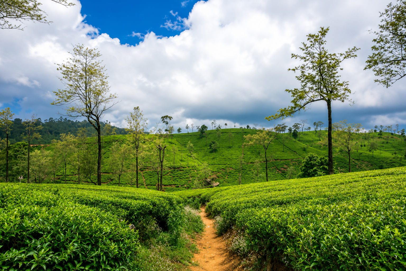 Walking trail through lush green tea plantations in Munnar, Kerala under a dramatic blue sky with rolling hills.