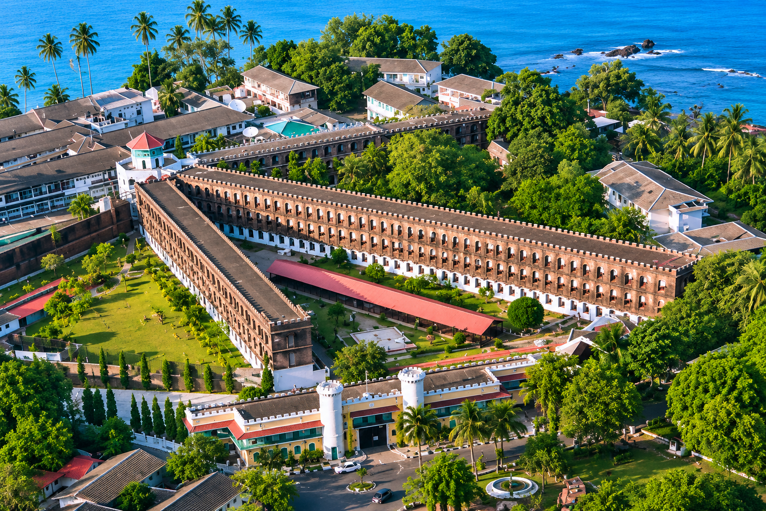 Veduta aerea del Cellular Jail National Memorial a Port Blair, Isole Andamane.