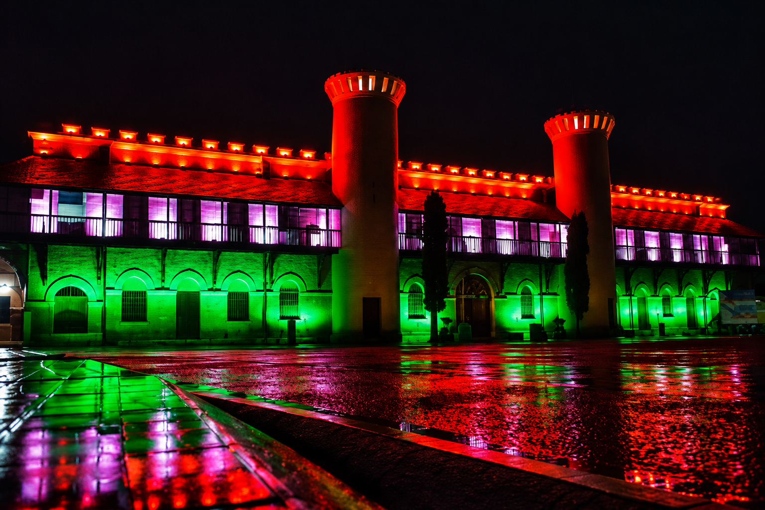 Il memoriale nazionale del carcere di Cellular Jail è illuminato di notte con i colori del tricolore indiano.