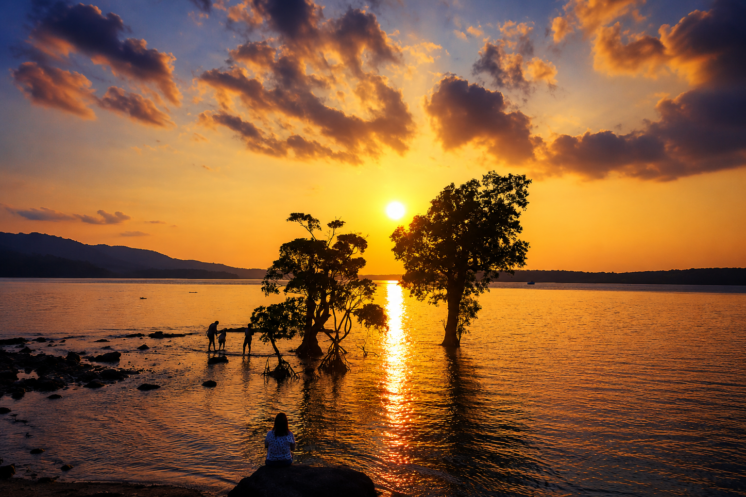 Tramonto dorato sulle mangrovie a Chidiya Tapu, nelle isole Andamane.