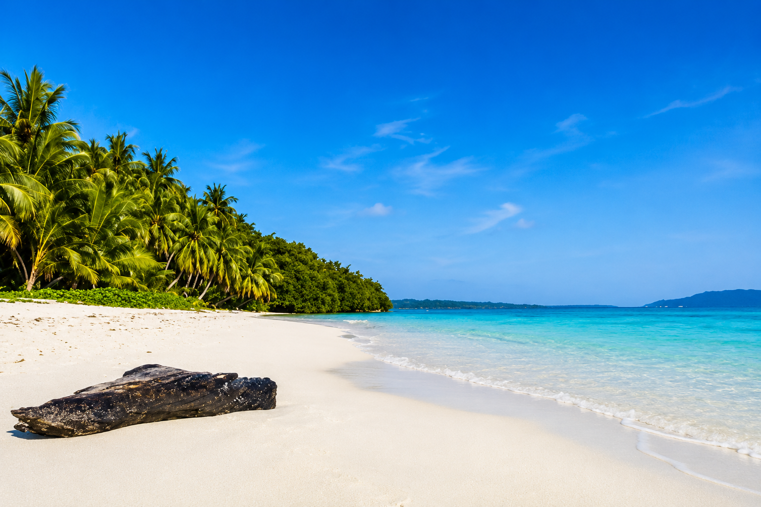 Spiaggia di sabbia bianca orlata di palme da cocco e mare turchese nelle Isole Andamane