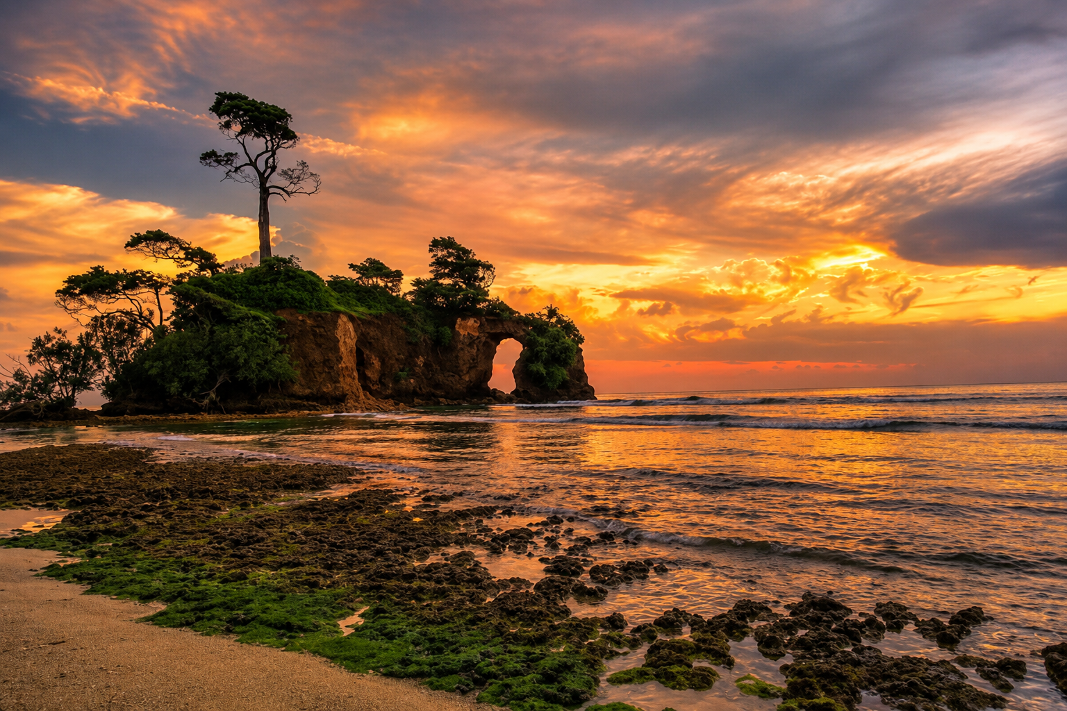 Tramonto dorato su un arco di roccia naturale, con nuvole suggestive e una costa rocciosa nelle Isole Andamane.