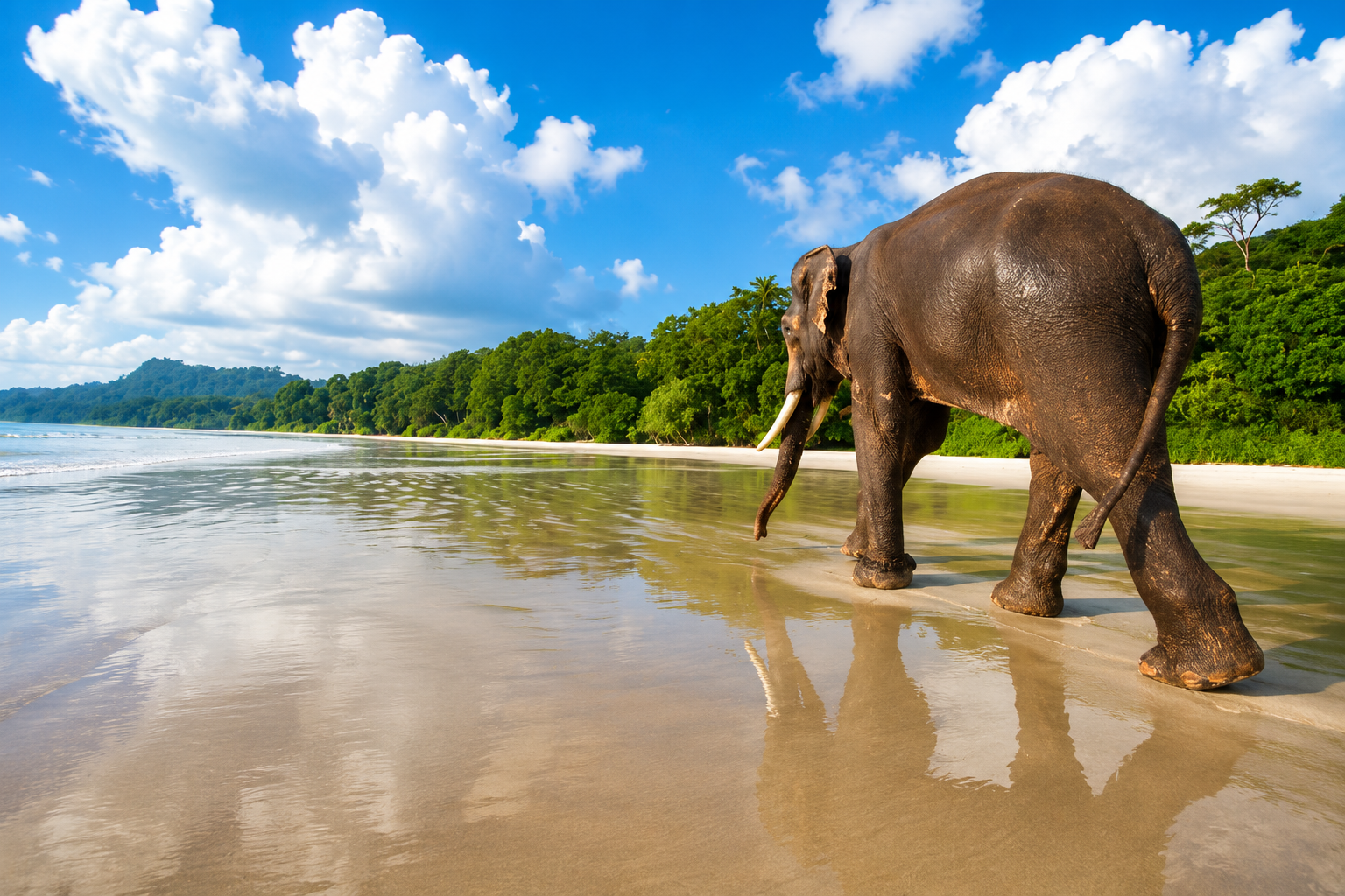 Un elefante asiatico cammina sulla sabbia bianca e bagnata di una spiaggia tropicale nelle isole Andamane.