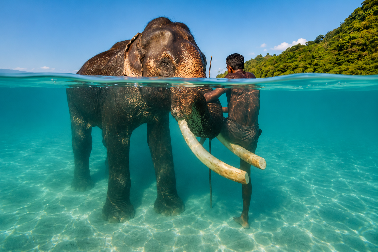 Un elefante asiatico immerso nelle acque cristalline del mare, insieme al suo mahout, durante una sessione di bagno nelle Isole Andamane.