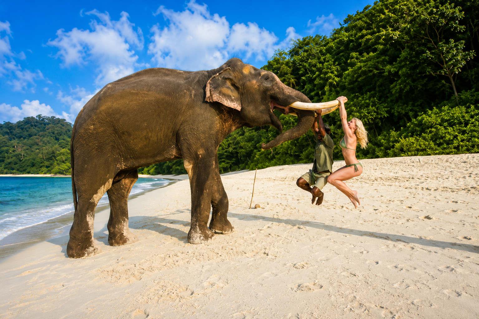 Un elefante asiatico interagisce con i visitatori su una spiaggia di sabbia bianca circondata da una foresta tropicale nelle isole Andamane.