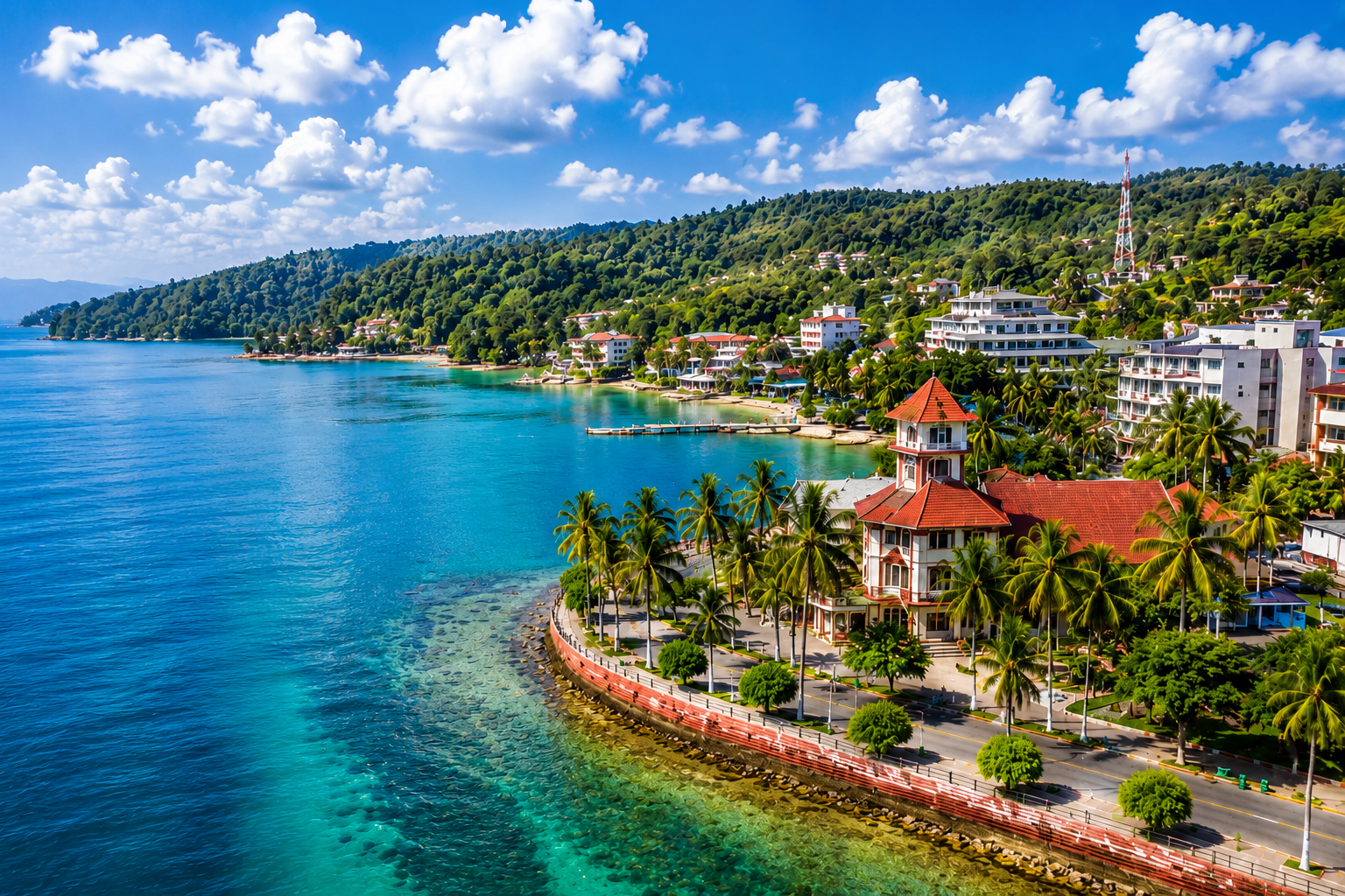 Veduta aerea della costa di Port Blair con le sue acque turchesi, le palme, gli hotel e le lussureggianti colline verdi nelle Isole Andamane.