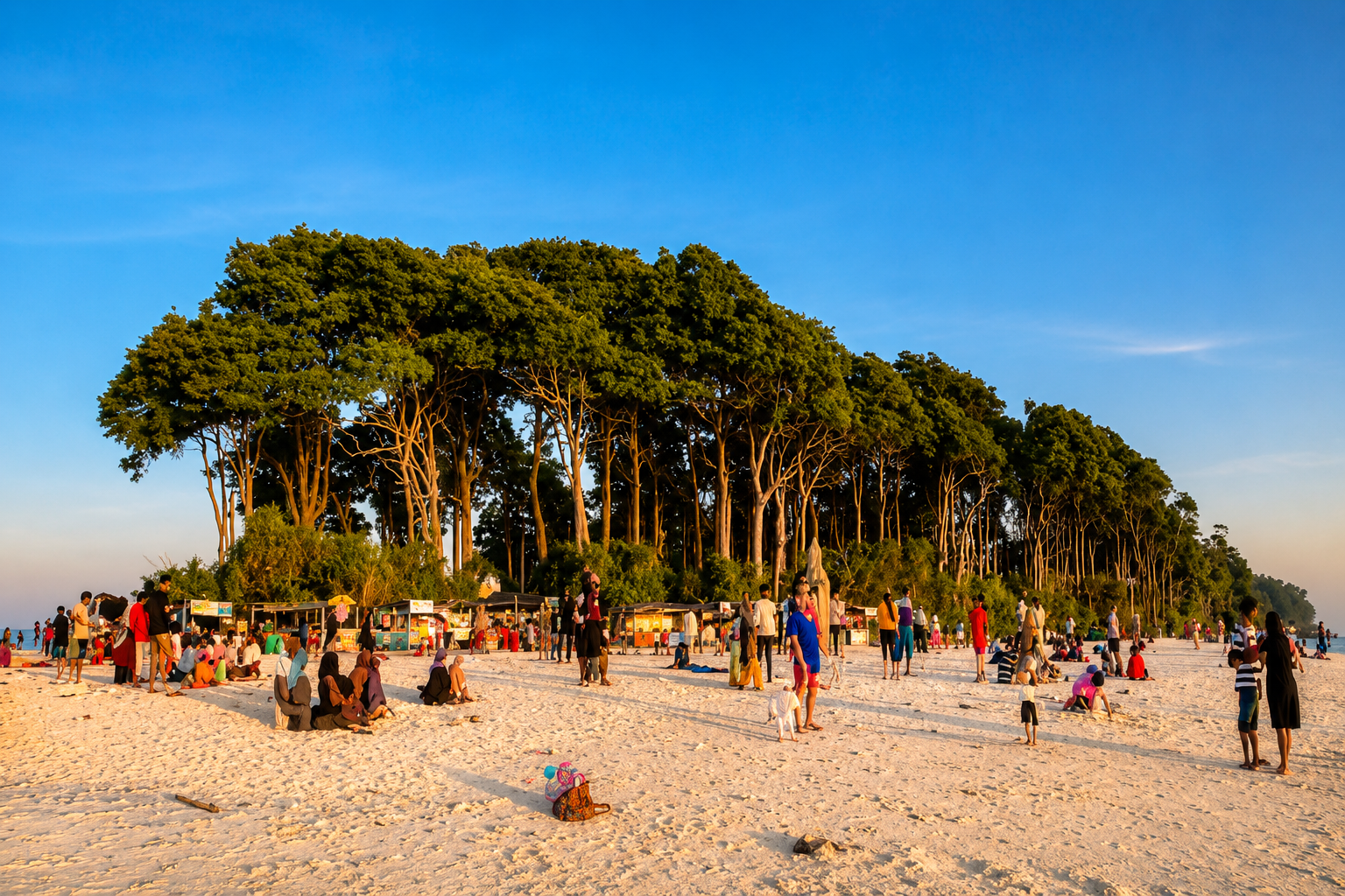 I visitatori si godono la spiaggia di Corbyn's Cove al tramonto, tra alti alberi tropicali e una luce dorata, a Port Blair, nelle Isole Andamane.