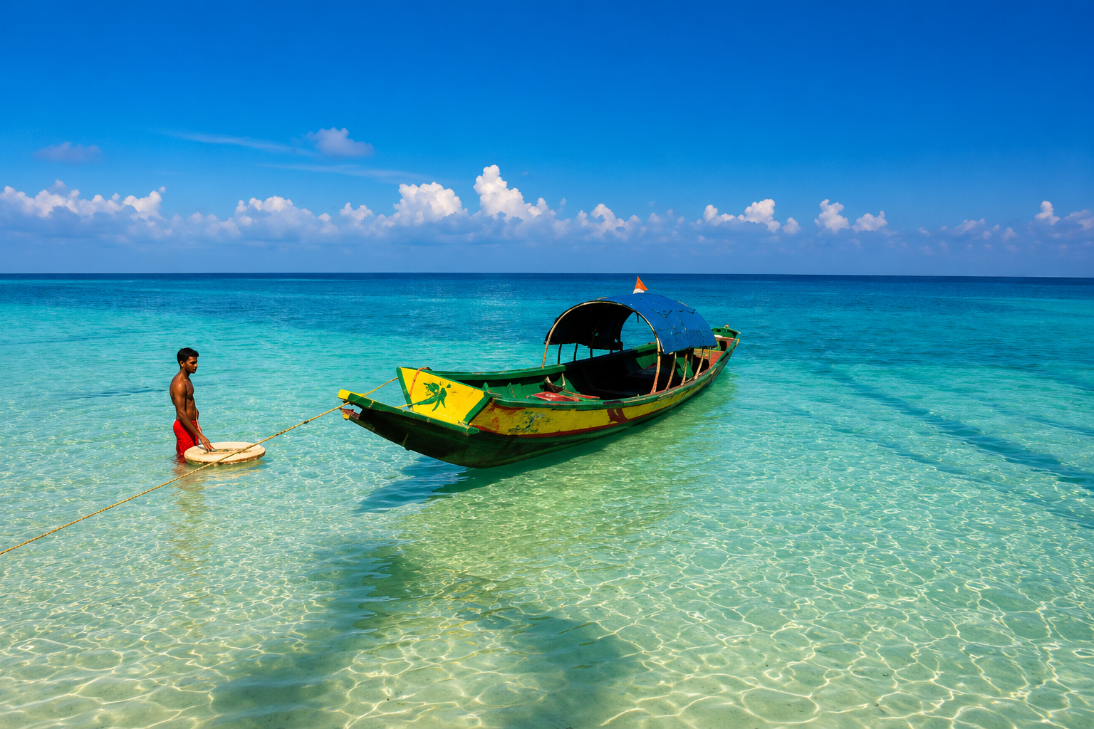 Una tradizionale imbarcazione di legno a coda lunga è ancorata in acque cristalline color turchese, con un pescatore locale in piedi nelle vicinanze su una spiaggia tropicale.