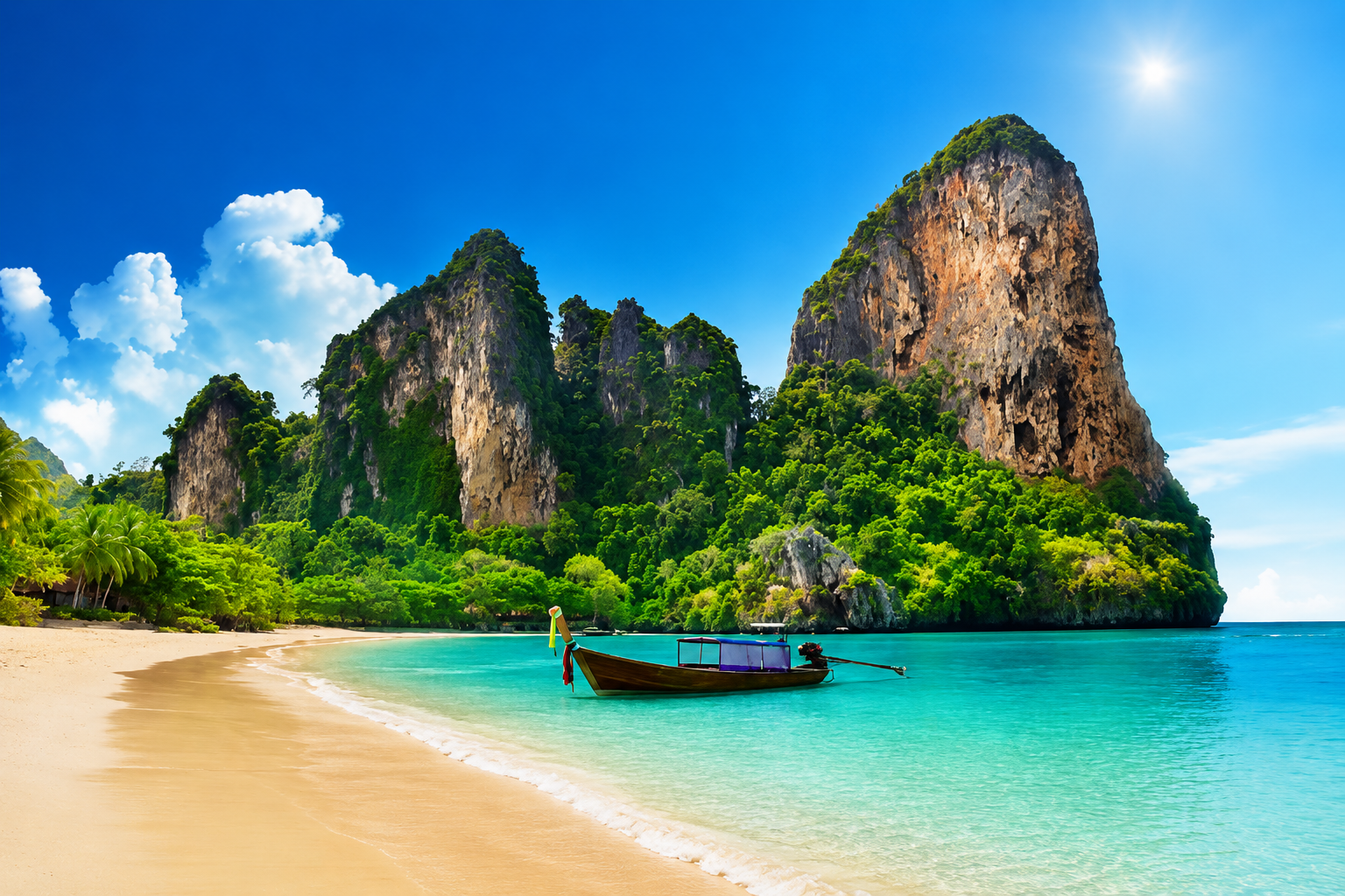 Tradizionale imbarcazione a coda lunga ancorata su una spiaggia di sabbia bianca con imponenti scogliere calcaree a Krabi, in Thailandia.