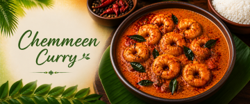 Kerala Chemmeen Curry with prawns cooked in spicy coconut gravy and authentic spices.
