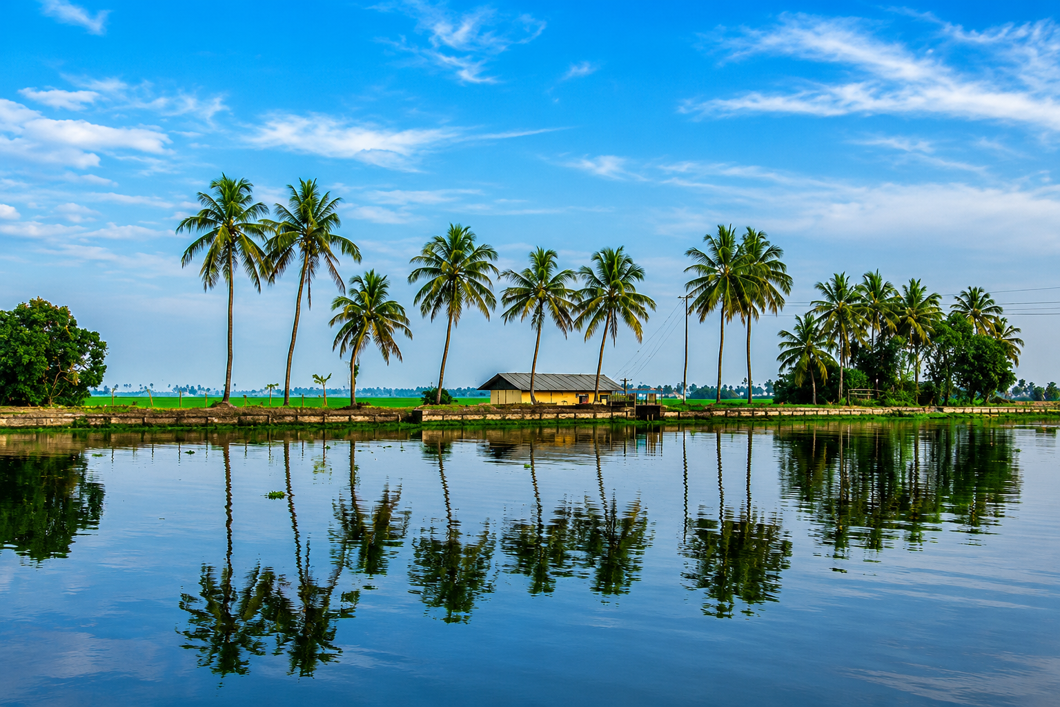 Peaceful Kerala backwaters lined with coconut palm trees, a traditional village home, and mirror-like reflections on calm waters.