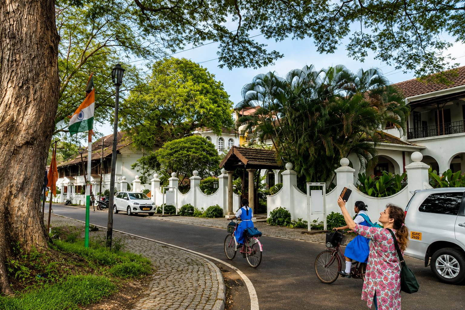 Visitors exploring the colonial streets and heritage buildings of Fort Kochi, Kerala.