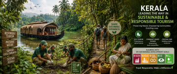 Kerala backwaters with a traditional houseboat, eco-tourism activities, community members, and sustainable tourism initiatives.