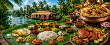 Traditional Kerala Sadya served on a banana leaf alongside seafood specialties and biryani with scenic Kerala backwaters.