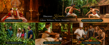 Kerala cultural experiences featuring Kathakali dance, Kalaripayattu martial arts, spice plantation tours, Ayurvedic therapy, and traditional cooking classes.