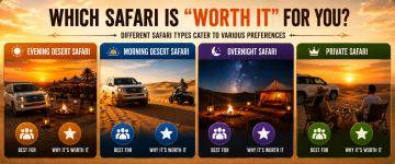 Comparison of Evening Desert Safari, Morning Desert Safari, Overnight Desert Safari and Private Desert Safari experiences in Dubai.