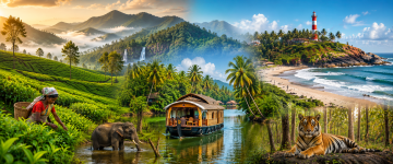 Kerala collage featuring tea plantations, waterfalls, backwaters, beaches, elephants, and wildlife.