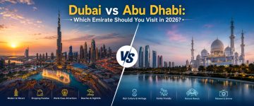 Comparison of Dubai and Abu Dhabi featuring Burj Khalifa, Sheikh Zayed Grand Mosque, shopping, nightlife, family attractions, and cultural experiences.
