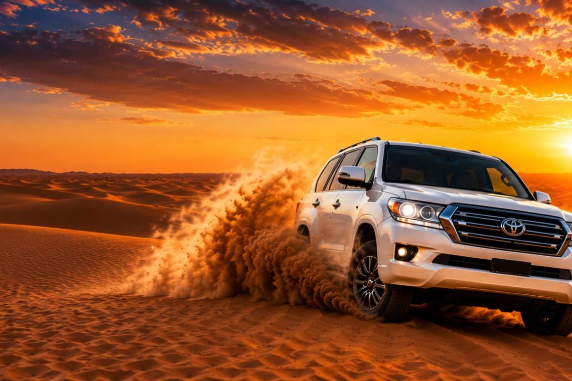 Infographic showing why a Dubai Desert Safari is worth it, featuring dune bashing, camel rides, desert sunsets, live entertainment, BBQ dinner buffet, and authentic Arabian cultural experiences.