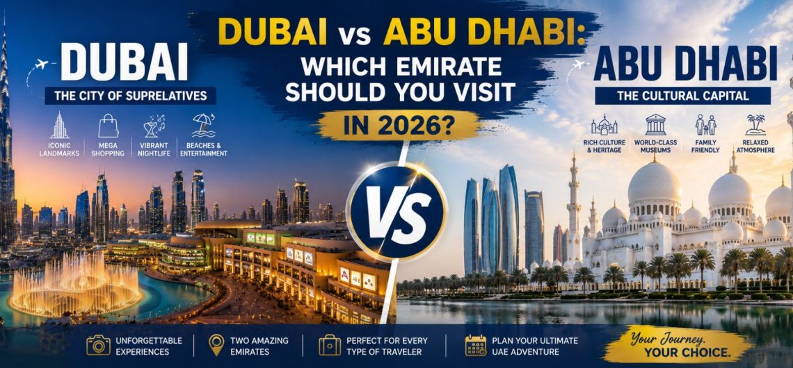 Side-by-side comparison of Dubai and Abu Dhabi featuring Burj Khalifa, Dubai Mall, Dubai Fountain, Sheikh Zayed Grand Mosque, and Abu Dhabi skyline to help travelers choose the best UAE destination in 2026.