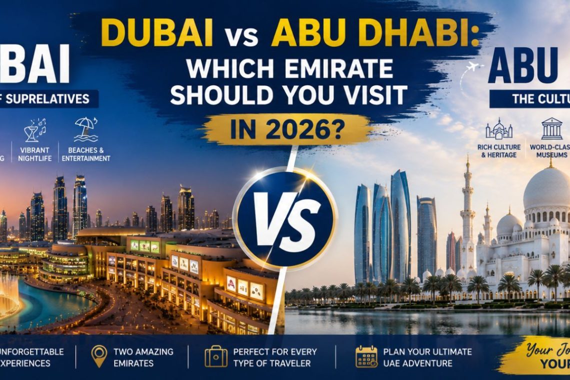 Side-by-side comparison of Dubai and Abu Dhabi featuring Burj Khalifa, Dubai Mall, Dubai Fountain, Sheikh Zayed Grand Mosque, and Abu Dhabi skyline to help travelers choose the best UAE destination in 2026.