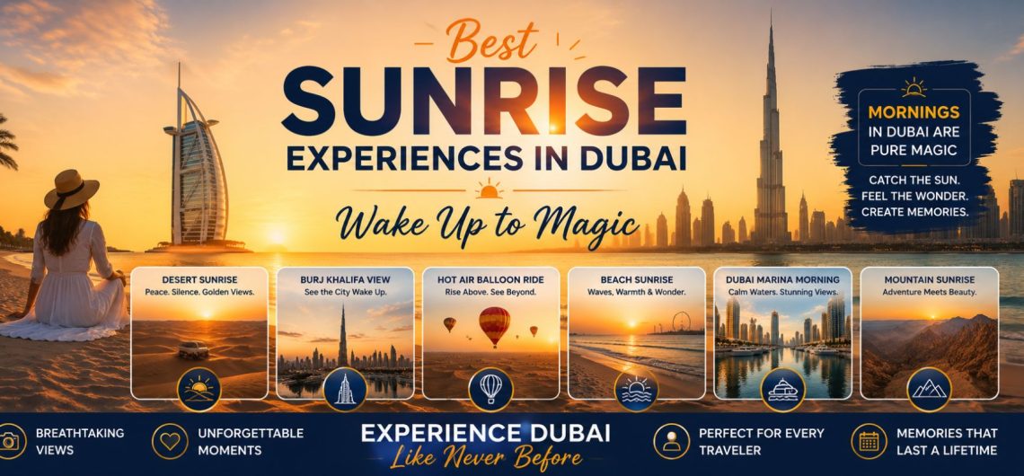 Golden sunrise over Dubai featuring Burj Khalifa, Burj Al Arab, desert sunrise, hot air balloon ride, Dubai Marina, beach sunrise, and mountain sunrise experiences.