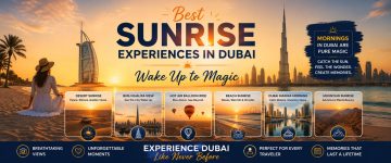 Golden sunrise over Dubai featuring Burj Khalifa, Burj Al Arab, desert sunrise, hot air balloon ride, Dubai Marina, beach sunrise, and mountain sunrise experiences.