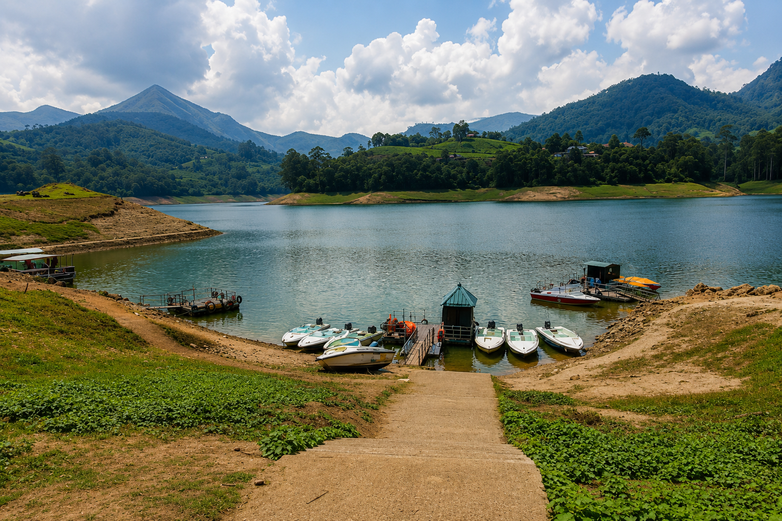 Boats docked at Echo Point Lake surrounded by lush green mountains in Munnar, Kerala.
