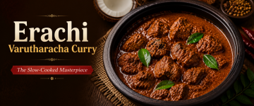 Erachi Varutharacha Curry, a traditional Kerala meat curry prepared with roasted coconut and aromatic spices.