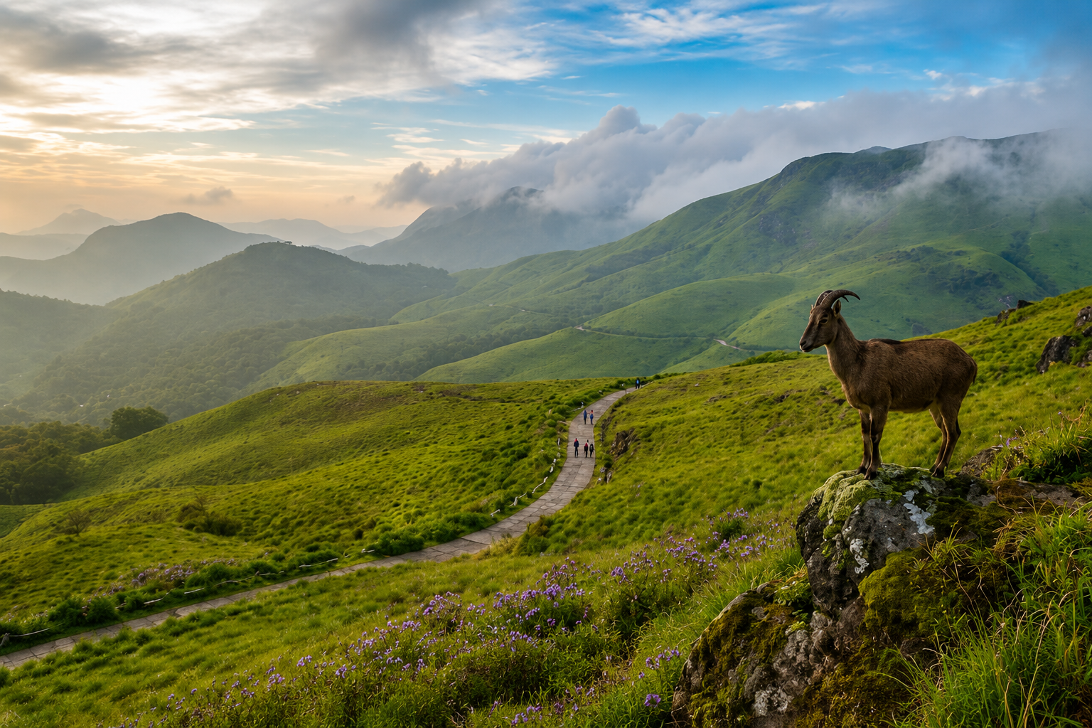 Nilgiri Tahr standing on rocky hills overlooking the rolling grasslands of Eravikulam National Park.