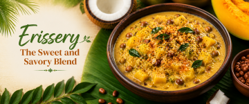 Kerala Erissery made with pumpkin, legumes, coconut, and roasted spices.