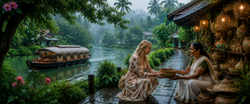 Traveller interacting with a local artisan beside Kerala backwaters and a traditional houseboat during monsoon.