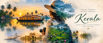 Traveler exploring Kerala with scenic houseboats, tea plantations, Chinese fishing nets, elephants, and peaceful backwaters.