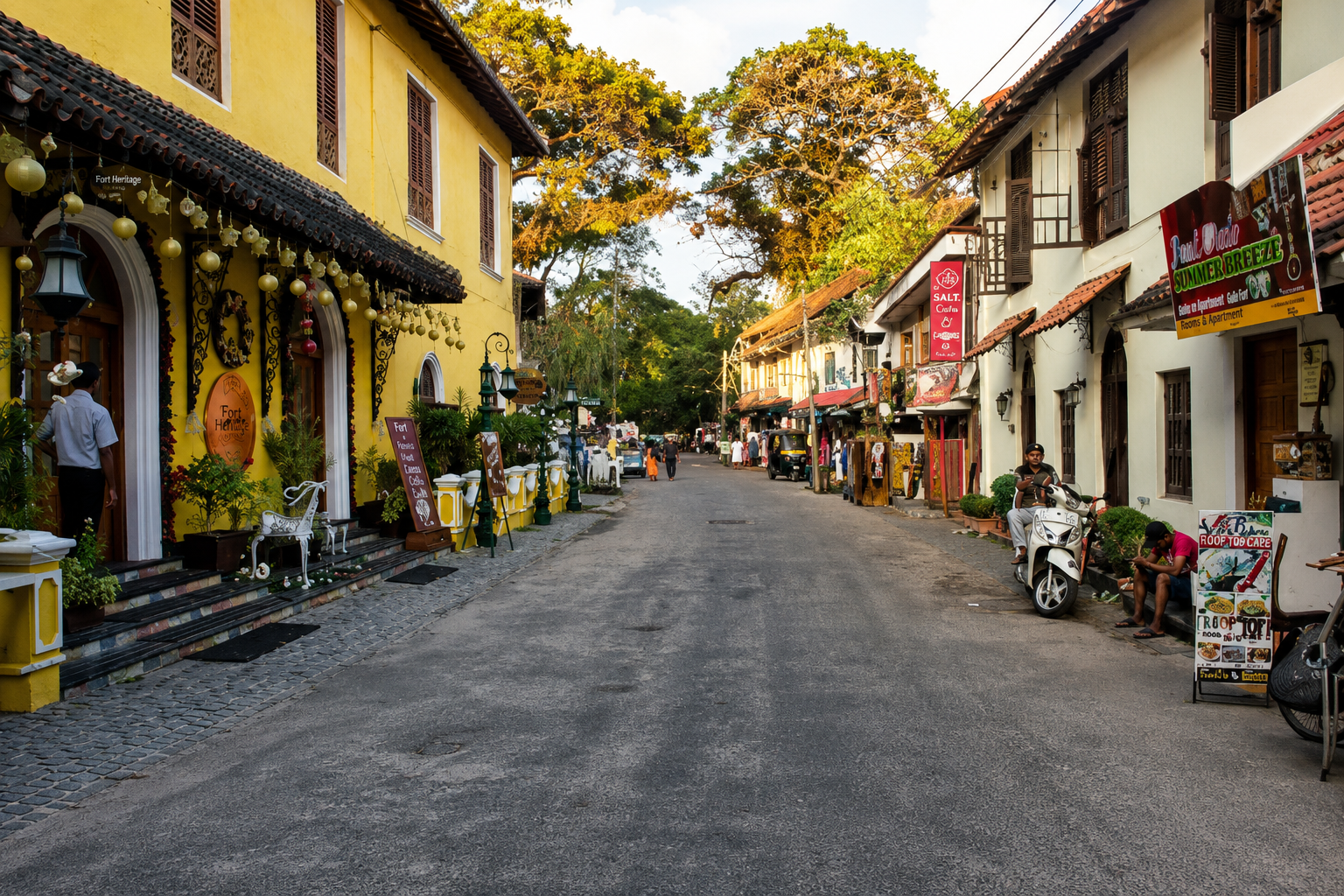 Historic street lined with cafés, boutique shops, and colonial buildings in Fort Kochi.