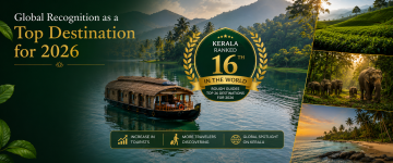 Kerala houseboat with award badge recognizing Kerala among the world's top travel destinations, alongside wildlife, beaches, and tea plantations.