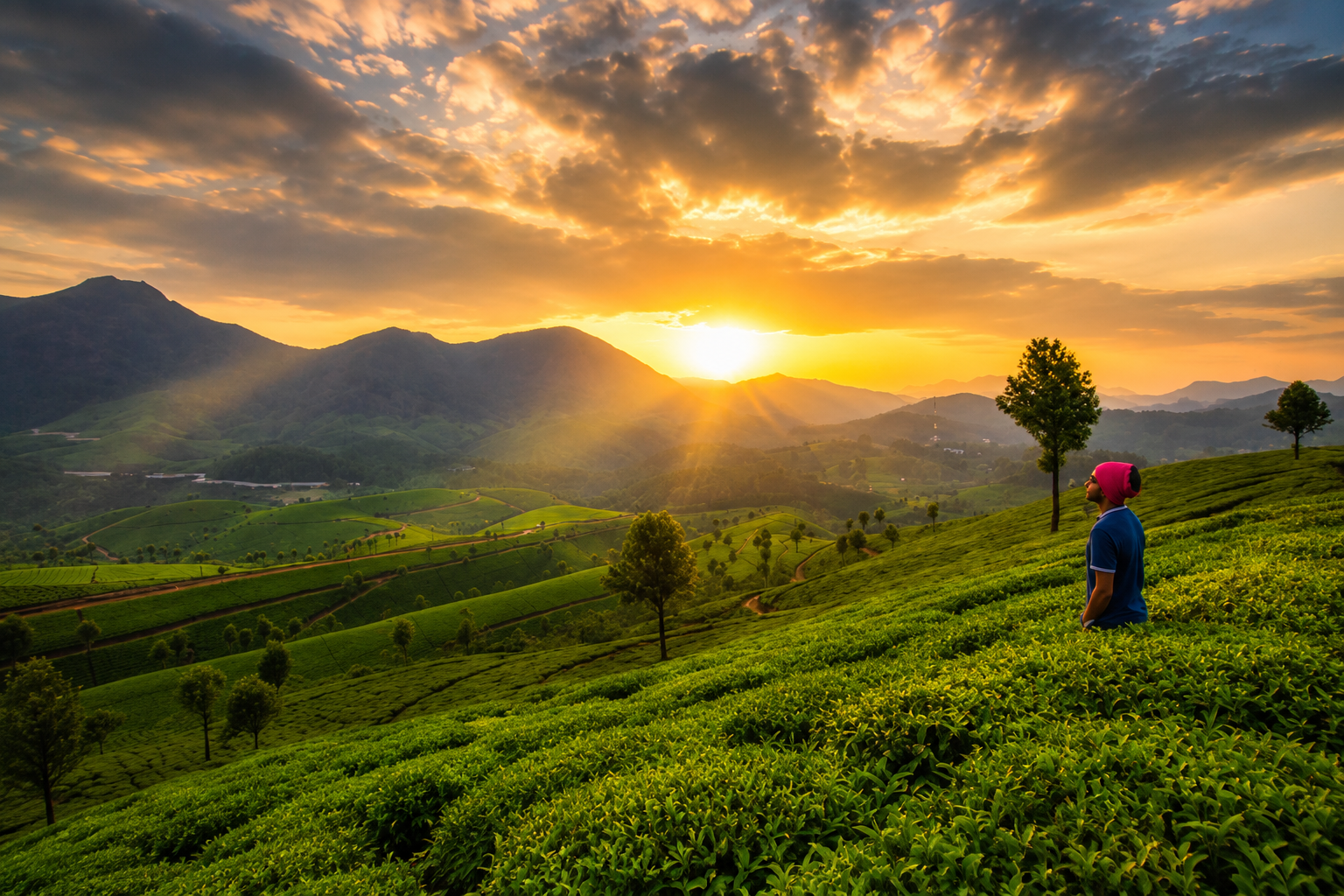 Sunrise illuminating the rolling green tea plantations of Munnar, Kerala.
