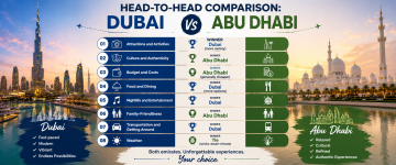 Head-to-head comparison chart between Dubai and Abu Dhabi covering attractions, culture, budget, nightlife, transportation, weather, and family travel.