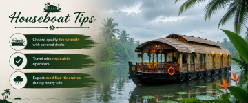 Traditional Kerala houseboat on peaceful backwaters with travel tips for monsoon visitors.