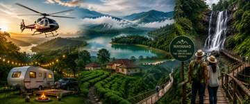 Wayanad travel collage featuring helicopter tours, waterfalls, camping, tea estates, skywalks, and scenic landscapes.