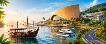 Kerala waterfront with modern convention center, seaplane, airport, coastal road, and traditional boat.