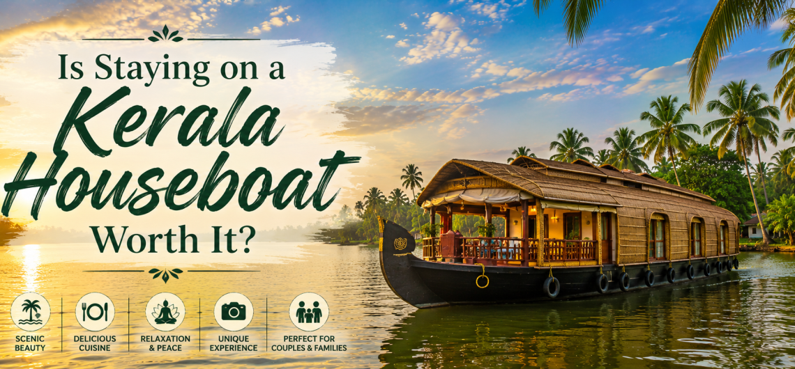 Luxury Kerala houseboat cruising through peaceful backwaters surrounded by coconut palms during sunrise.