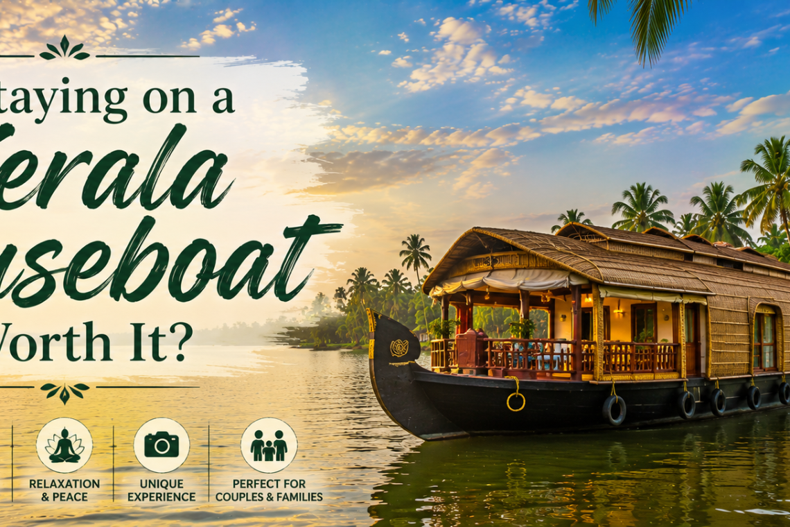 Luxury Kerala houseboat cruising through peaceful backwaters surrounded by coconut palms during sunrise.