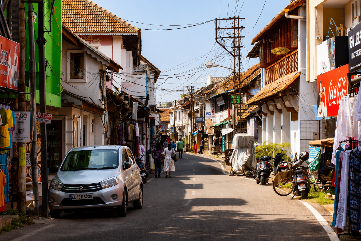 Historic street in Jew Town Kochi lined with heritage buildings, shops, cafés, and local markets.