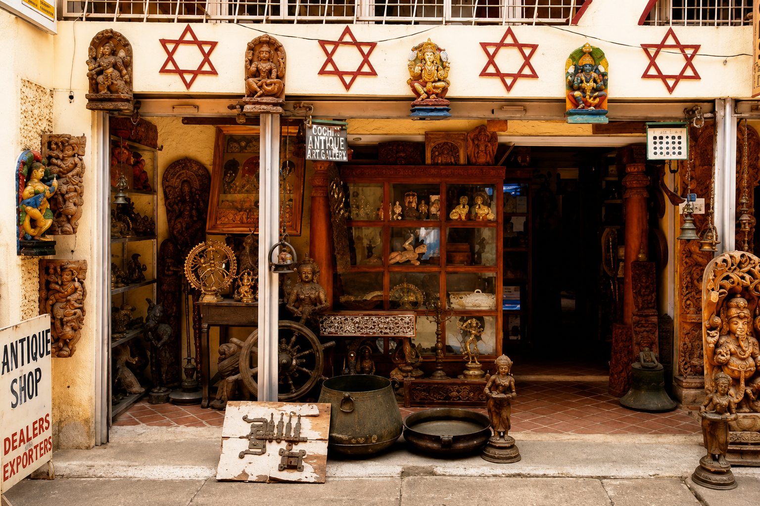Traditional antique shop in Jew Town Kochi displaying handcrafted sculptures, wooden carvings, and heritage artifacts.