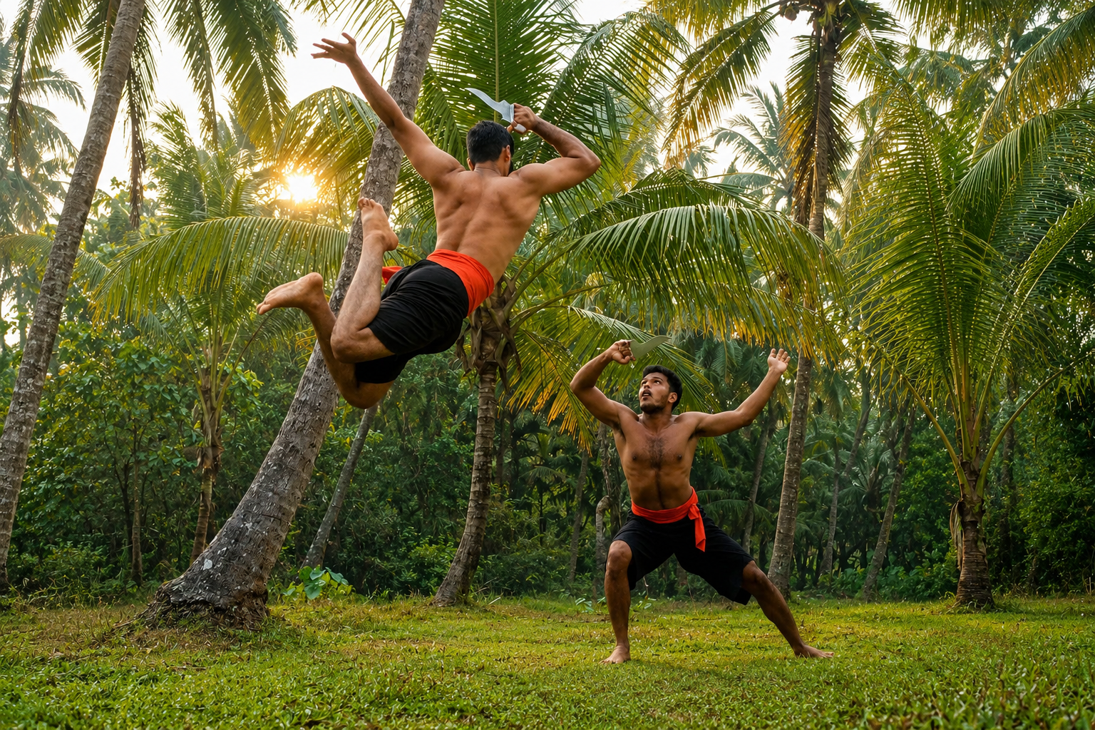 Kalaripayattu martial artists performing traditional combat techniques in Kerala.