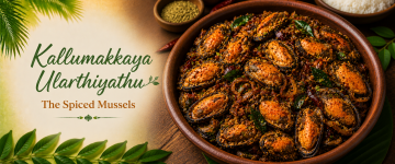 Kerala-style spicy mussels stir-fried with roasted spices, onions, and curry leaves.
