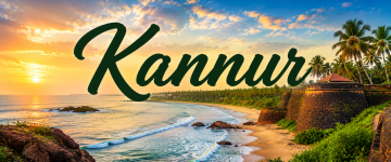Kannur coastline with historic fort, golden beach, and Arabian Sea at sunset.