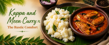 Kerala Kappa and Meen Curry served with boiled tapioca and spicy fish curry.